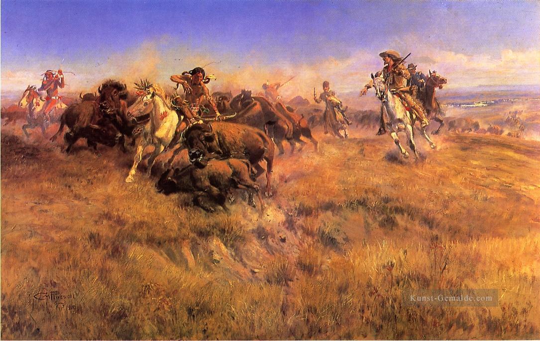 Lauf Buffalo Cowboy Indianer Westlichen Amerikanischen Charles Marion Russell Ölgemälde